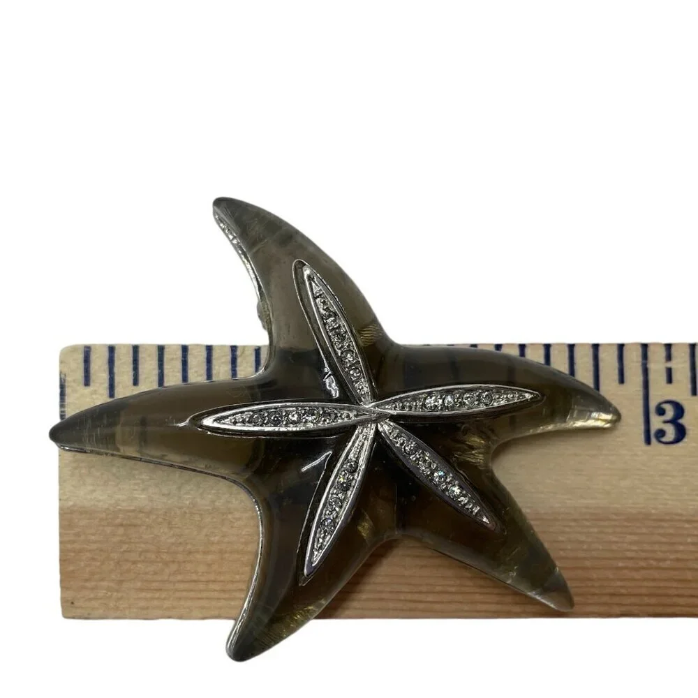 Large Starfish Brooch Silver Tone Metal and Resin Sparkly Bling Beachy Jewelry